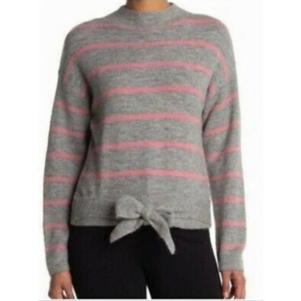 WAYF -‎ Grey Pink Striped Mock Neck Tie Waist Sweater